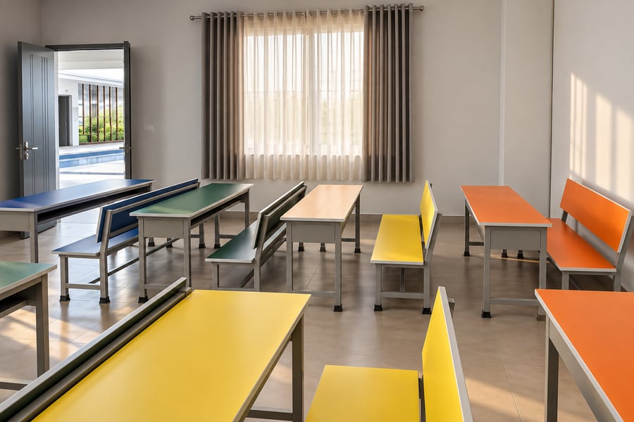 A classroom fitted with steel bench-desk units made by Nelco Industries